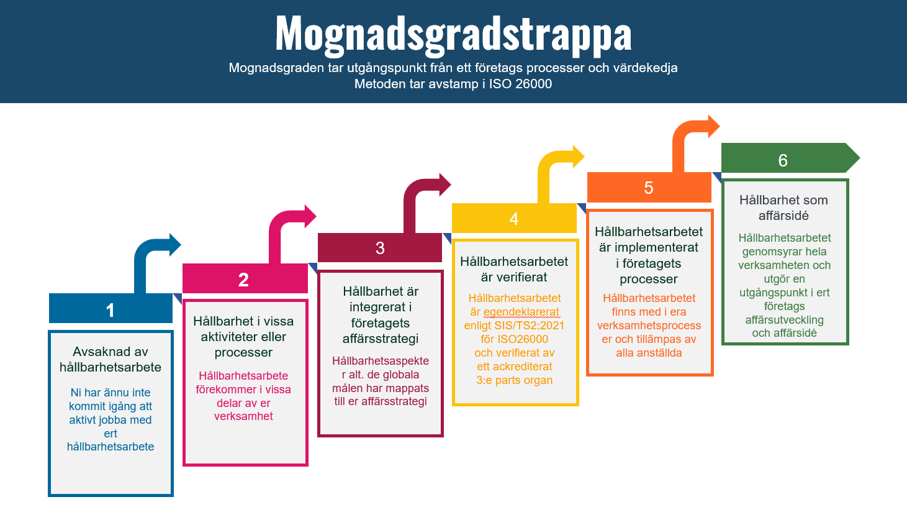 Mognadstrappan — den 6-stegs hållbarhetsmognadstrappan som används för att bedöma ditt företag